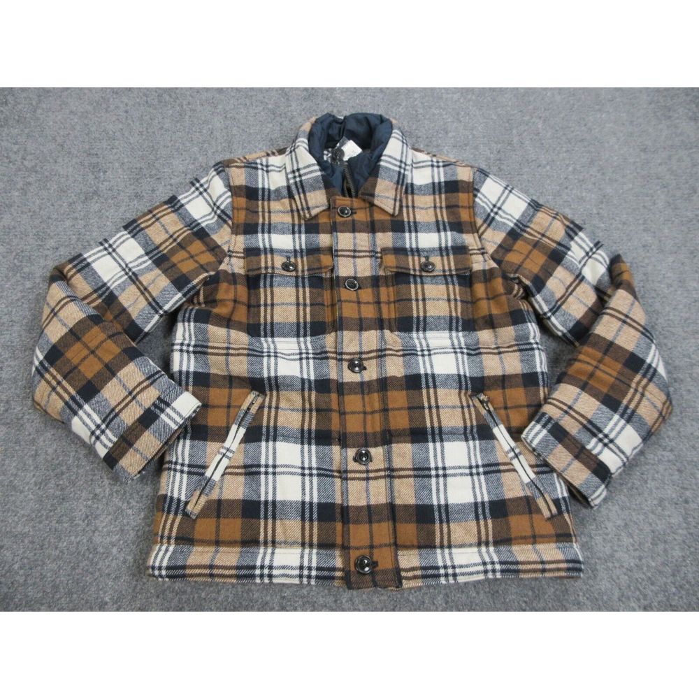 Men's Plaid Button-Up Wool Jacket in Brown and Cream